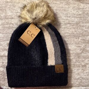 C.C Black with Cream and Gray Striped Beanie with Pom Pom